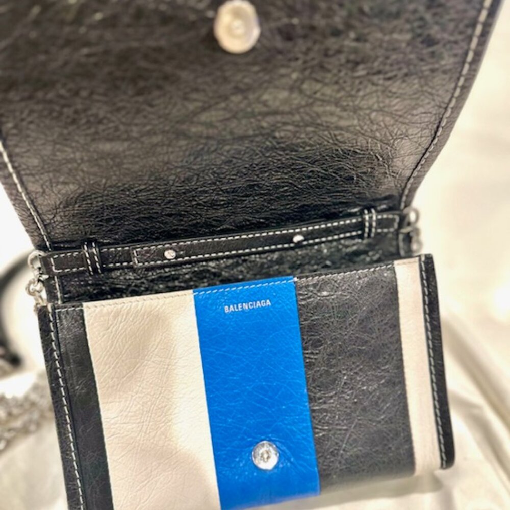 BALENCIAGA BAZAR Stripe Crossbody Shoulder Bag on Chain Blue Black White Leather - Picture 8 of 16